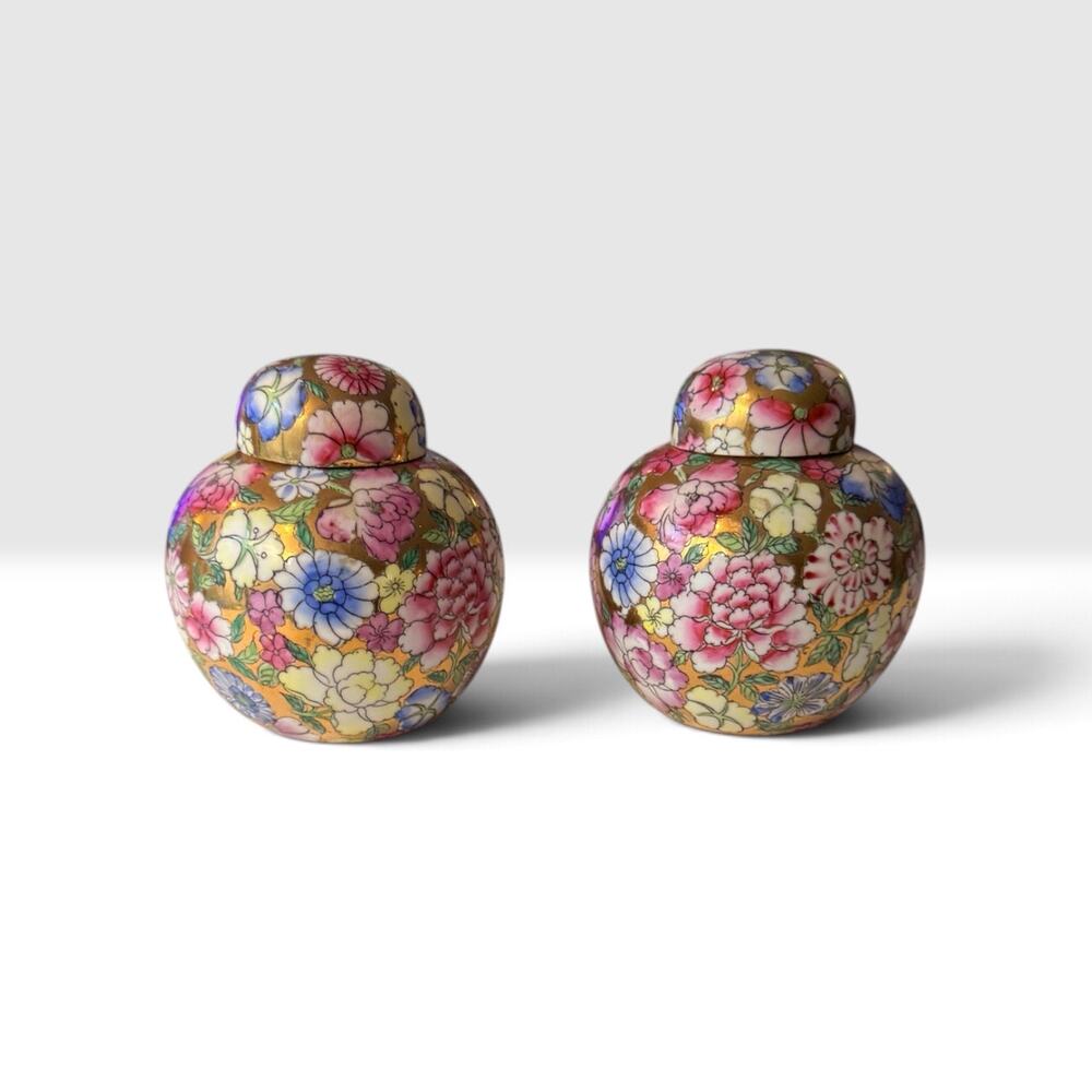 Pair Overjoy Mille Fleur Porcelain Ginger Jars 5" Floral Hong Kong